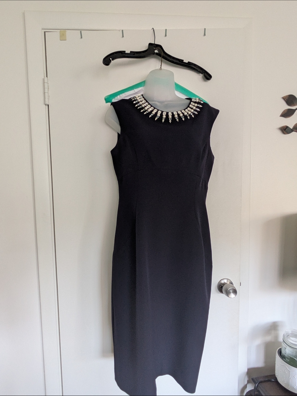 Embellished Navy Sheath Dress - Elegant Evening Wear